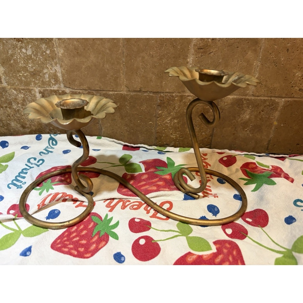 double candle holder S Bloom Floral Candlestick Holder Gold 1970's Retro Double